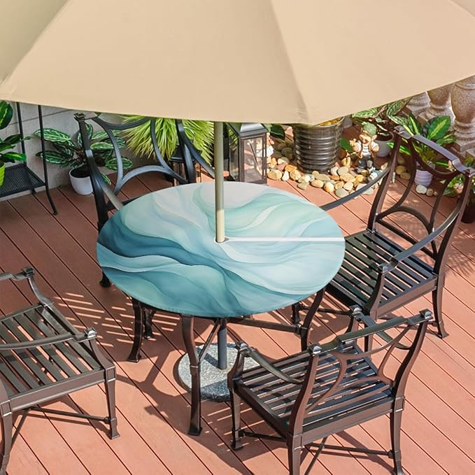 Fitted Round Tablecloth with Umbrella Hole and Zipper Abstract Teal Blue Outdoor Elastic Table Cloth 45"-56" Oil-Proof Waterproof Texture Patio Table Cover for Party Outdoor
