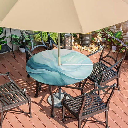 Fitted Round Tablecloth with Umbrella Hole and Zipper Abstract Teal Blue Outdoor Elastic Table Cloth 45"-56" Oil-Proof Waterproof Texture Patio Table Cover for Party Outdoor