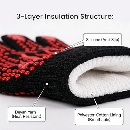 Extra Long BBQ Gloves, 1472°F Extreme Heat Resistant Silicone Grilling Gloves, Non-Slip 5-Finger Oven Mitts for Smoking, Cooking, Baking, Campfire