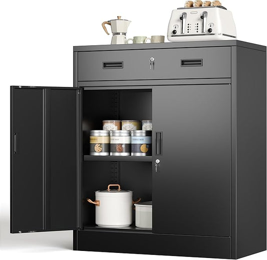 CJF Pantry Cabinet with 1 Drawer, Metal Pantry Storage Cabinets with Doors and 2 Adjustable Shelves, 36" H Locking Cabinet for Kitchen Storage, Home, Garage, Utility Room and Basement, Black