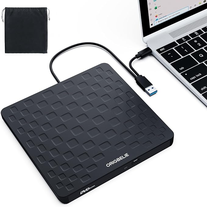 ORIGBELIE External CD DVD Drive for Laptop, USB 3.0 Type-C 13mm DVD Player | Ultra Slim Portable CD DVD +/-RW Drive CD Burner Reader Writer Recorder for Desktop PC Windows 11/10/8/7 Linux Mac OS (Black)