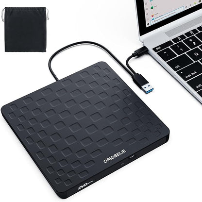 ORIGBELIE External CD DVD Drive for Laptop, USB 3.0 Type-C 13mm DVD Player | Ultra Slim Portable CD DVD +/-RW Drive CD Burner Reader Writer Recorder for Desktop PC Windows 11/10/8/7 Linux Mac OS (Black)