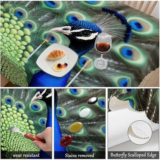 Swono Peacock Table Cloth Rectangle Tables Beautiful Bird Peacock Feathers Kitchen Table Cover Oblong 52"X70" Tablecloth for Dining Table Buffet Parties Patio and Camping, Green