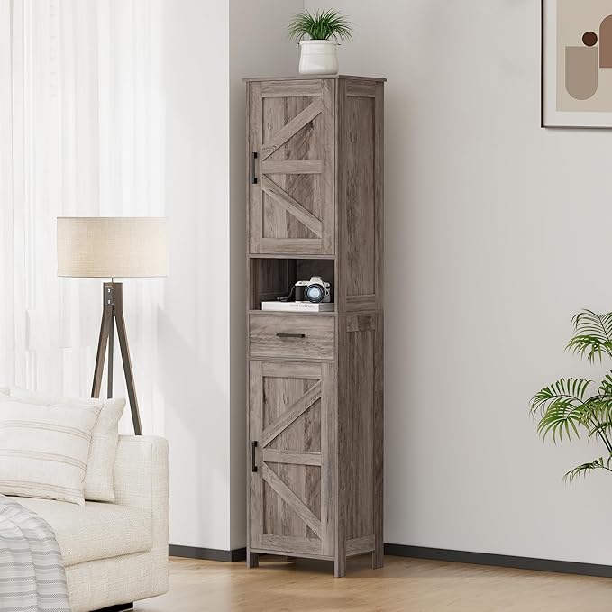 Homhedy 67" H Tall Bathroom Storage Cabinet with Barn Doors and Drawer | Narrow Storage Unit with Adjustable Shelves, Floor Cabinet for Bathroom, Living Room, Entryway or Kitchen, Greige, 15.7" W