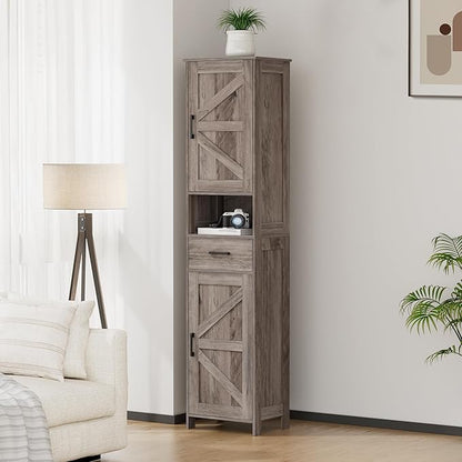 Homhedy 67" H Tall Bathroom Storage Cabinet with Barn Doors and Drawer | Narrow Storage Unit with Adjustable Shelves, Floor Cabinet for Bathroom, Living Room, Entryway or Kitchen, Greige, 15.7" W