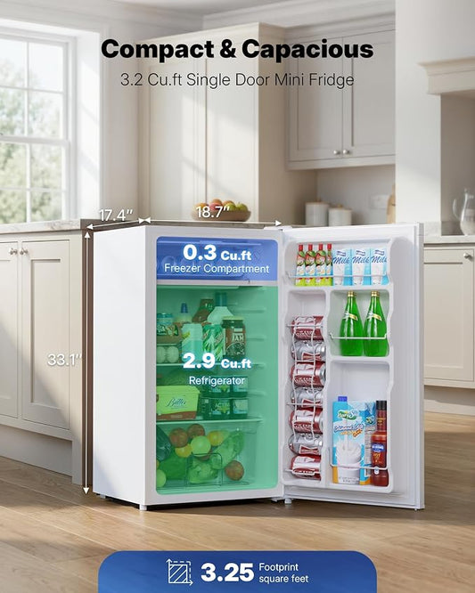 Upstreman 3.2 Cu.Ft Mini Fridge with Freezer, White-BR321 | Adjustable Thermostat, Energy Saving, Low Noise, Reversible Door, Small Refrigerator for Dorm, Bedroom, Office