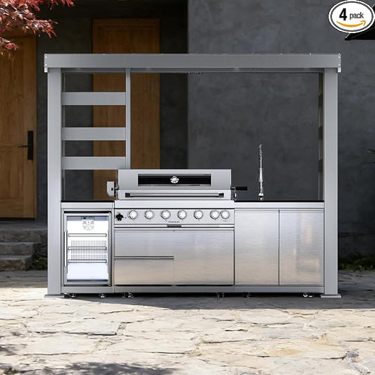 108-Inch 6-Burner 85000 BTU Propane Gas Grill Island with Shed, 304 Stainless Steel, 684 Sq.In Cooking Area, Wine Cooler, Rotisserie & Granite Countertops for Backyard BBQ, Sliver