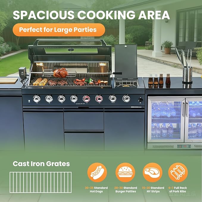 Outdoor Kitchen Island, Natural Gas Grill with Standalone Side Burner Island, 96,000 BTU BBQ Grill with Sink, Refrigerator, Granite Countertop, Grill Cart & Storage Drawers Black+153in