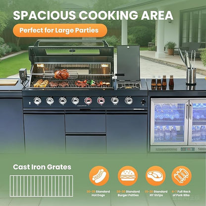 Outdoor Kitchen Island, Natural Gas Grill with Standalone Side Burner Island, 96,000 BTU BBQ Grill with Sink, Refrigerator, Granite Countertop, Grill Cart & Storage Drawers Black+153in