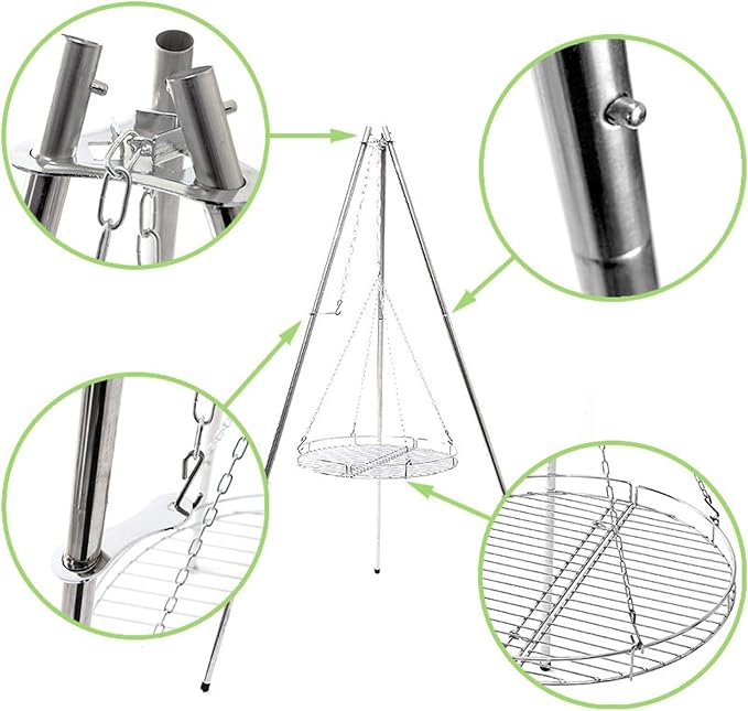 Charcoal Grills Outdoor Large Tripod Stainless Steel Barbecue Grill with Grill Net Camping Party BBQ Campfire Hanging Pot Bracket Outdoor Grill