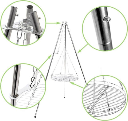 Charcoal Grills Outdoor Large Tripod Stainless Steel Barbecue Grill with Grill Net Camping Party BBQ Campfire Hanging Pot Bracket Outdoor Grill