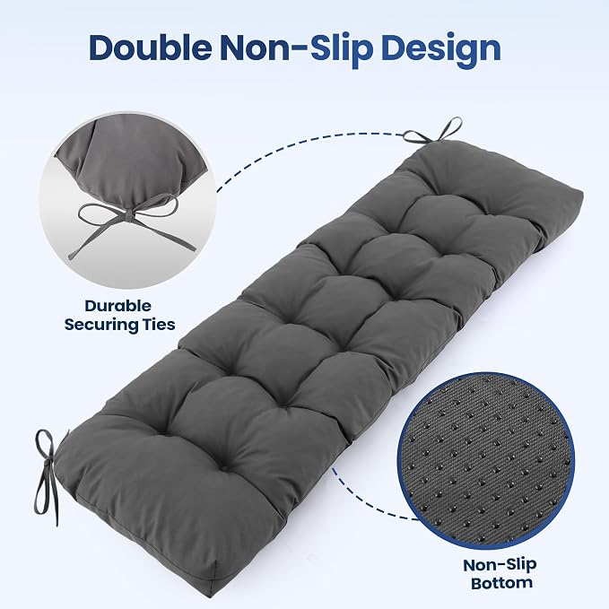 IASEAHK Outdoor Bench Cushion 59x18x5 Inch, Waterproof & Fade-Resistant Patio Furniture Cushions, Tufted Memory Foam Indoor/Outdoor Cushions for Couch Swing with Non-Slip Backing & Straps, Dark Grey