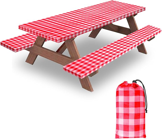 7ft 84in Picnic Table and Bench Cover, 3 Pack, Red-White Checkered | Drawstring Bag, Waterproof Windproof, Elastic Fitted Edges Tablecloth, for Rectangle Table & Seat, Camping Essentials RV Gear