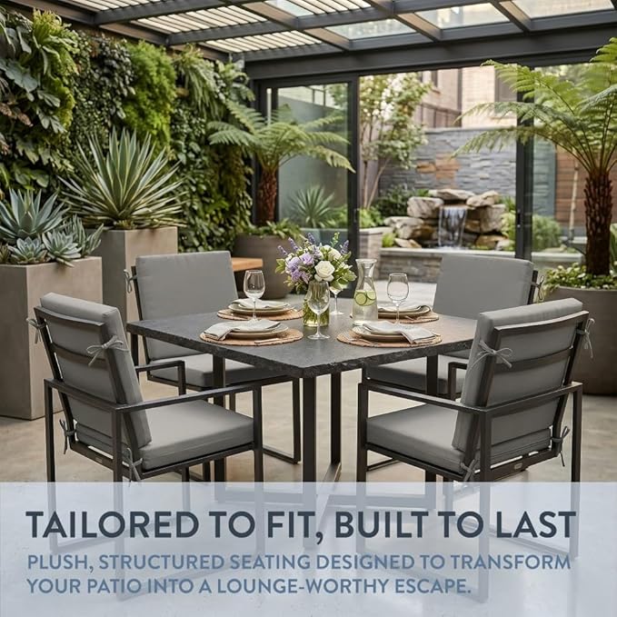 California Umbrella Outdoor Dining Chair, Set of 4 Patio Seat Cushions, 20 x 40 Inch, Premium Outdoor Memory Foam, Fade Resistant, Sunbrella Fabric, Fabric Ties, Granite