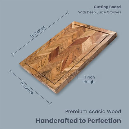 The Fine Living Co. Large Cutting Board, Acacia Wood Meat Chopping Board, Butcher Block with Juice Groove, Chevron Chequered Style, 1" Thick & Food-grade Serving Board, 16"x12"