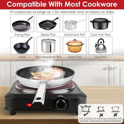 1200W Electric Infrared Single Burner Portable Heating Hot Plate Stove Countertop RV Hotplate with 7.5” Glass Cooktop Stepless Temperature Adjustments for Home RV Camp