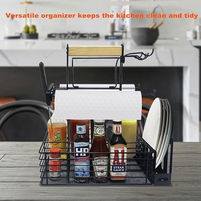 Grill Caddy,BBQ Condiment Organizer for Outdoor, Camping Tailgating Picnic Kitchen Storage Caddy Kitchen Organizer for Camper Magnetic Tool Holder with Paper Towel Holder with Handle Portable