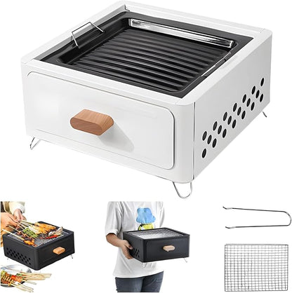 Desktop Charcoal Grill, Charcoals Grills Barbecue Grill Portable BBQ Charcoal Grill for Outdoor Cooking Camping Hiking Picnics Backpacking, Saving Space Grills (White)