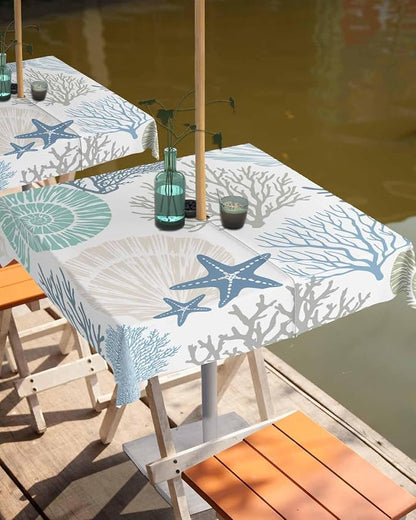 Coastal Outdoor Tablecloth - 54x54 Inch Square Dining Table Cover, Blue Teal Coral Summer Beach Ocean Starfish Waterproof Outdoor Table Cloth with Umbrella Hole & Zipper for Picnic/Patio/Party