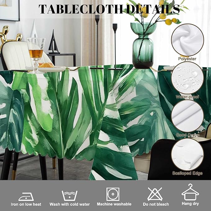 Swono Tropical Leaves Tablecloths Watercolor Palm Leaves Green Kitchen Dinning Tabletop Decoration, Polyester Table Cover for Indoor Outdoor 50x72 Inch Tablecloth