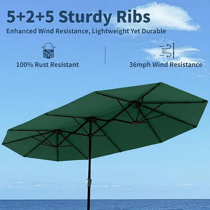 15FT Double Sided Patio Umbrella with Base Included Large Outdoor Market Umbrella with Crank Handle, UV Resistant Canopy, Sturdy Frame for Garden, Poolside, Deck, Forest Green