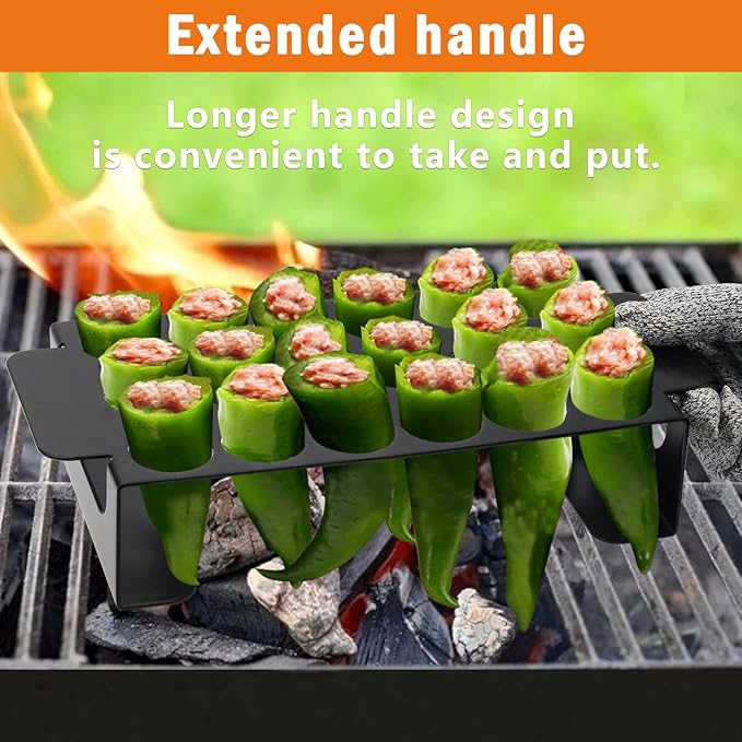 18 Hole Black Jalapeno Grill Rack for Chili, Stainless Steel Barbecue Chili Peppers Grill Rack with Handle, Jalapeno Popper Stand for BBQ Smoker or Oven (Black)