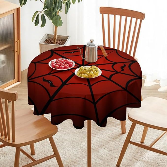 Spider Web Tablecloth, Black Spider Web Bat Red Water Resistant Wipeable Table Cover for Picnic Party Holiday Kitchen Dinner Table 50"
