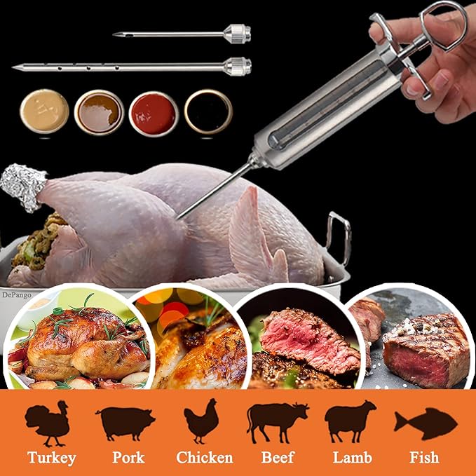 DePango Meat Injector, Stainless Steel Marinade Injector Flavor Syringe Kit with 2-oz Measurement Window for Smoker Food BBQ Grill, Cooking Turkey Chicken Steak Beef Brisket Pork-Chops, 3 Meat Needles