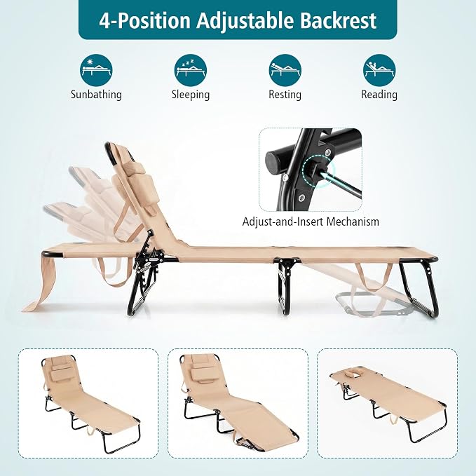 GYMAX Beach Lounge Chair, Sunbathing Chair Patio Lounge Chair Folding Adjustable Recliner with Hole for Face (1, Sand)