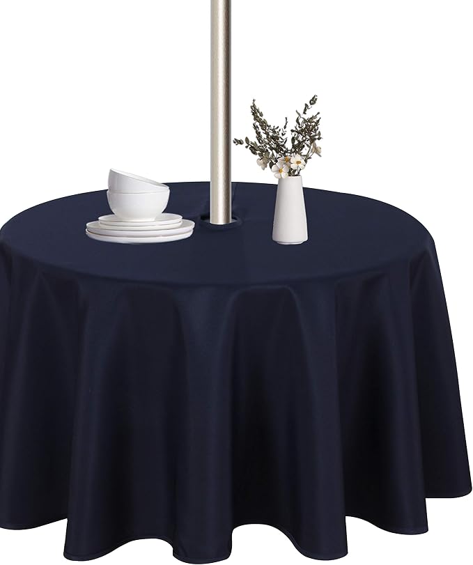 LUSHVIDA Round Outdoor Tablecloth with Umbrella Hole and Zipper, 60 Inch Navy, Washable Waterproof Table Cloth Spill Proof Wrinkle Free Table Cover for Patio Spring Summer Picnic BBQS