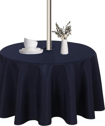 LUSHVIDA Round Outdoor Tablecloth with Umbrella Hole and Zipper, 60 Inch Navy, Washable Waterproof Table Cloth Spill Proof Wrinkle Free Table Cover for Patio Spring Summer Picnic BBQS