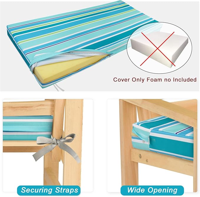 NettyPro Patio Bench Swing Loveseat Cushion Covers, Water Resistant UV Protection Outdoor Furniture Cushion Slipcovers with Zipper, Stripes Turquoise, 45 x 18 x 3 Inch