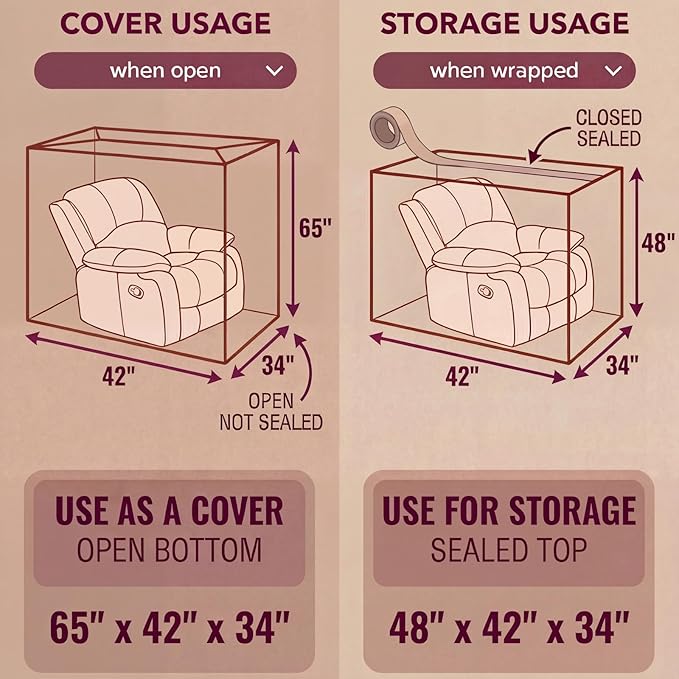 Wowfit 4mil Furniture Cover for Moving, Chair Storage Bag, 34Wx42.1Dx65/48H | With Tape Strips & Labels, Clear, Heavy Duty, Waterproof, Dustproof, Reusable, Recliner/Accent Chair, Patio/Garage, Pet Guard