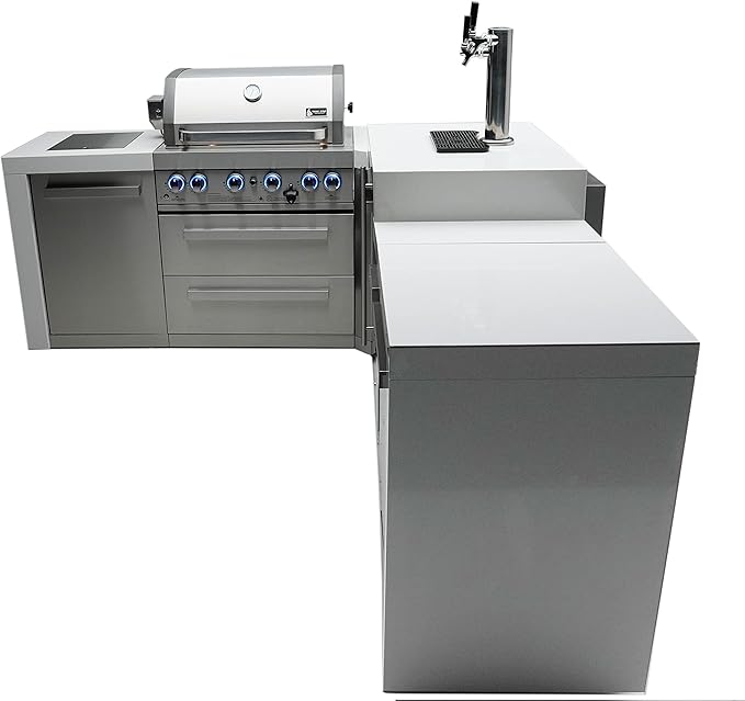 Mont Alpi Premium 82"W x 98"D Deluxe L-shaped Stainless Steel Outdoor Kitchen Island + Kegerator Beer Dispenser Refrigerator + 32"W 4-Burner BBQ Grill + Granite Countertops + Storage Cabinets + Cover