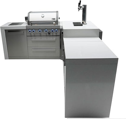 Mont Alpi Premium 82"W x 98"D Deluxe L-shaped Stainless Steel Outdoor Kitchen Island + Kegerator Beer Dispenser Refrigerator + 32"W 4-Burner BBQ Grill + Granite Countertops + Storage Cabinets + Cover