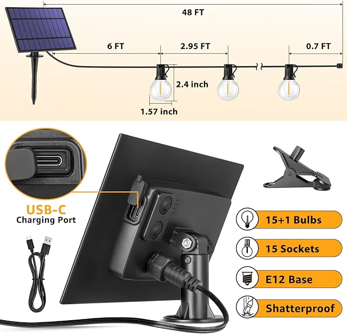 Mlambert 48FT Solar Powered String Lights, Outdoor Waterproof Patio Light with 15+1 Shatterproof LED G40 Bulbs, String Light for Backyard Balcony-Black