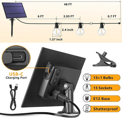 Mlambert 48FT Solar Powered String Lights, Outdoor Waterproof Patio Light with 15+1 Shatterproof LED G40 Bulbs, String Light for Backyard Balcony-Black