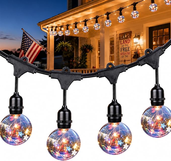 Vigdur 22Ft Patriotic String Lights, Red White Blue Globe String Lights Connectable with 10 Plastic Shatterproof LED Bulbs for Independence Day Patriotic Holidays Decoration