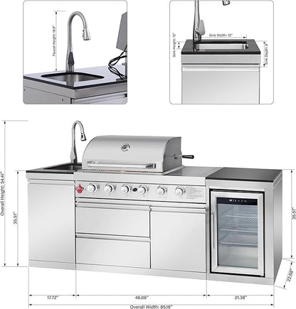 Outdoor Kitchen Island with Side Burn,4+1 Burner Modular Kitchen with Grill Station Cabinetry,304 Stainless Sink, Fridge, BBQ Set for Patios & Backyards (Stainless, 86 in-Side Burn)