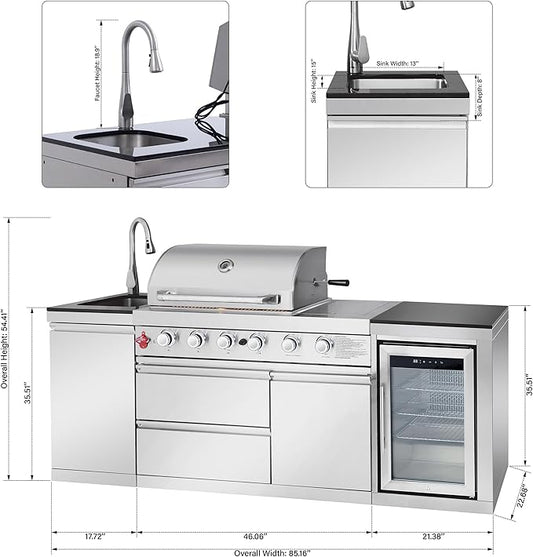 Outdoor Kitchen Island with Side Burn,4+1 Burner Modular Kitchen with Grill Station Cabinetry,304 Stainless Sink, Fridge, BBQ Set for Patios & Backyards (Stainless, 86 in-Side Burn)