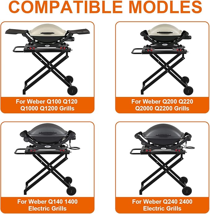 Portable Grill Cart for Weber Q100 Q1000 Q120 Q1200 Q200 Q2000 Q2200 Series Grills, BBQ Folding Grill Stand for Q1400 Q2400 Electric Grills, Grill Table Replace for Weber Q Portable Cart