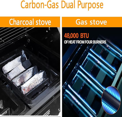4-Burner Built-In Gas Grill, 30 Inch Super large barbecue area with 48,000 BTUs, Dual Fuel Charcoal & Gas Compatibility,Outdoor Kitchen Temperature Gauge