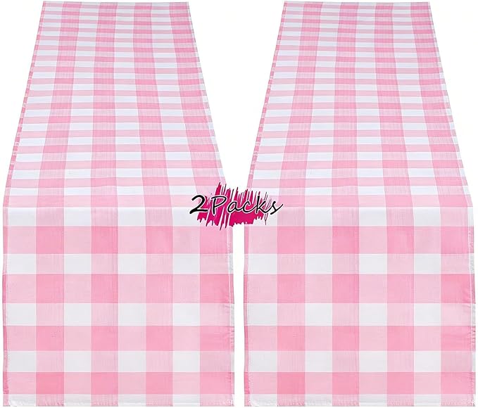 B-COOL Pink Plaid Table Runner Checkered Fabric Cover 13x108 Inch 2 Packs Table Cloths Centerpieces Valentines Party Picnic Decorative Gingham Rectangle Pink and White Checkered Linen Decorations