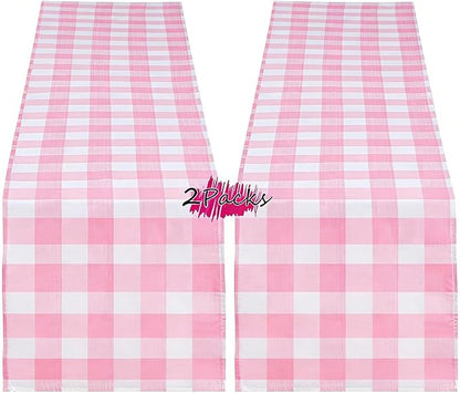 B-COOL Pink Plaid Table Runner Checkered Fabric Cover 13x108 Inch 2 Packs Table Cloths Centerpieces Valentines Party Picnic Decorative Gingham Rectangle Pink and White Checkered Linen Decorations