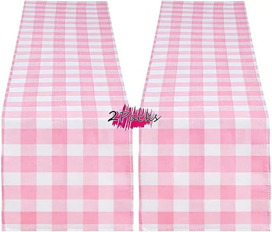 B-COOL Pink Plaid Table Runner Checkered Fabric Cover 13x108 Inch 2 Packs Table Cloths Centerpieces Valentines Party Picnic Decorative Gingham Rectangle Pink and White Checkered Linen Decorations