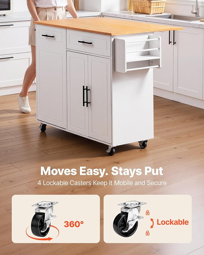 VEVOR Kitchen Island Cart with Storage, 46.06 in Wide Mobile Rolling Storage Island on Swivel Wheels, with Drawer, Storage Cabinet, Drop Leaf, Spice/Towel Rack, Table for Home Dining Room, White
