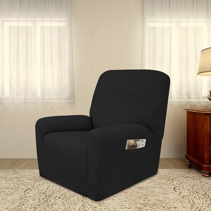 PureFit Stretc Recliner Chair Covers Fleece Soft Couch Covers for Sofa | Black 4-Pieces Recliner Slipcover Pocket Couch Protector, Fleece Sofa Cover Washable with Non Slip Elastic Bottom