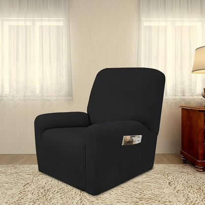 PureFit Stretc Recliner Chair Covers Fleece Soft Couch Covers for Sofa | Black 4-Pieces Recliner Slipcover Pocket Couch Protector, Fleece Sofa Cover Washable with Non Slip Elastic Bottom