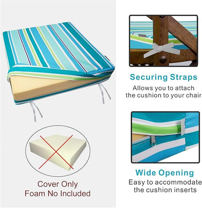NettyPro Outdoor Cushion Slipcovers Waterproof 22 x 20 inch Patio Furniture Chair Seat Cushion Covers with Zipper and Tie, Replacement Cover Only, Stripes Turquoise