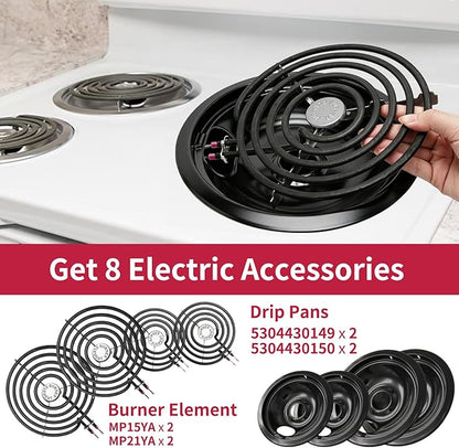 MP22YA Electric Stove Burner Element Replacement Set & 5304430149 5304430150 4 Pack Black Drip Pans - Perfectly Fit Frigi-daire Ken-more Cros-ley Tap-pan Electric Range Stove Top